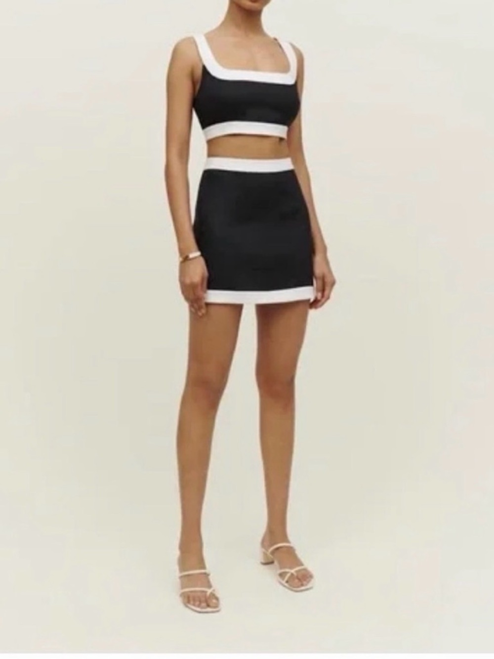 Reformation linen black and white skirt set